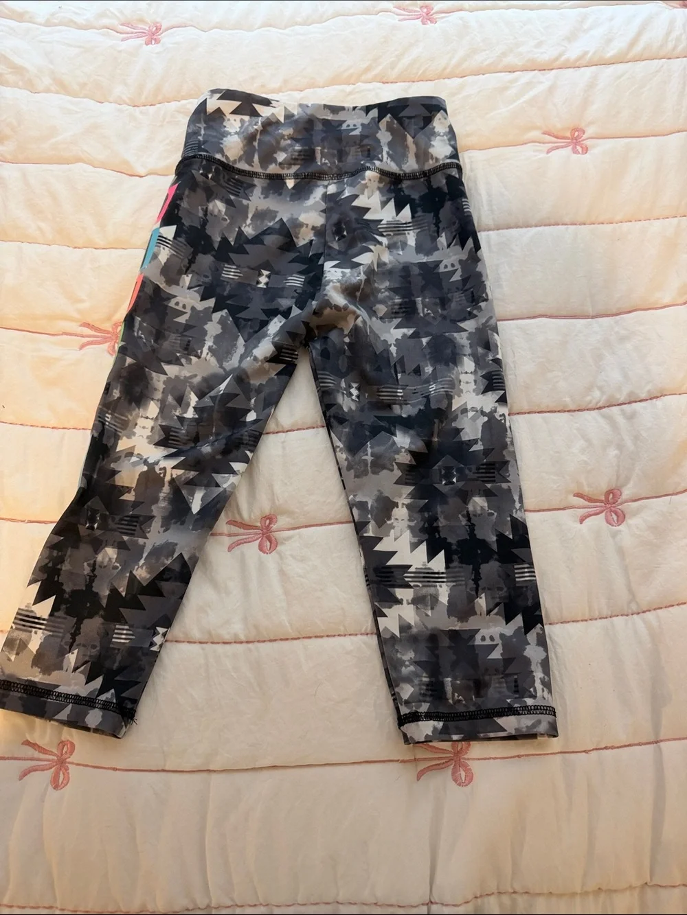 Justice Gray Black Geometric Leggings with Neon 'STRONG' Side Panels